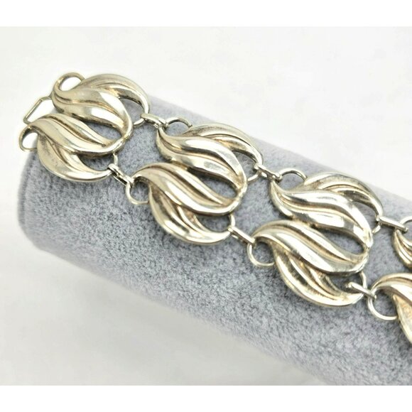 Vintage Bracelet Sterling Silver Wide Wave Tulip Leaves Design 7.5" Wrist LI644 - Picture 5 of 9